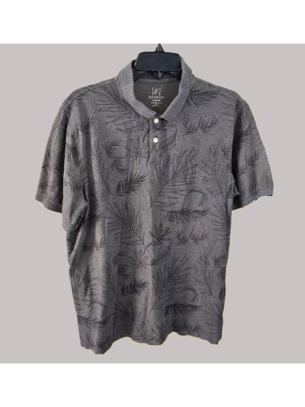 George Men's Gray Leaf Print Polo Shirt Size Large 42-44 Cotton Spandex Blend